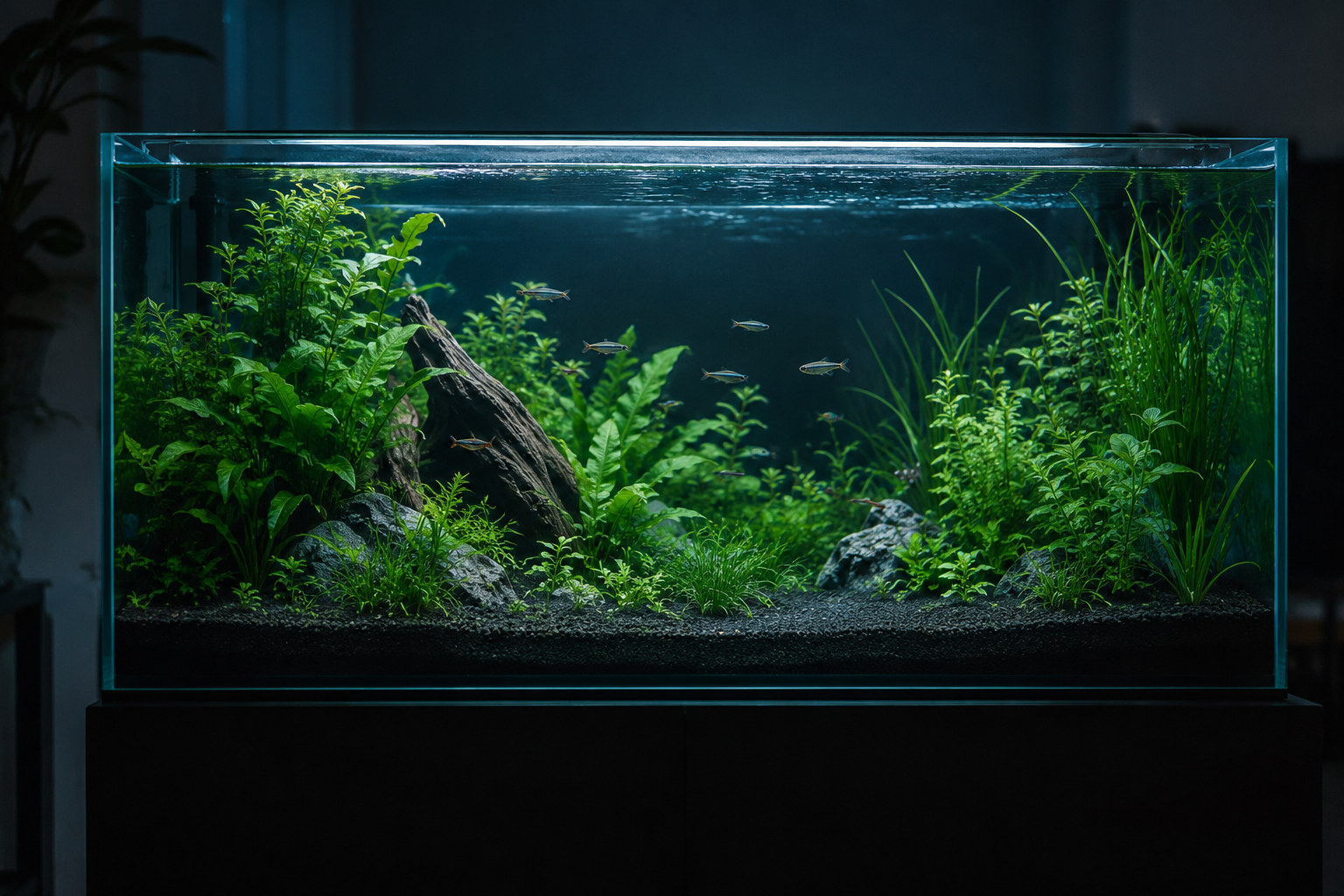 A clean, densely planted home aquarium lit from above