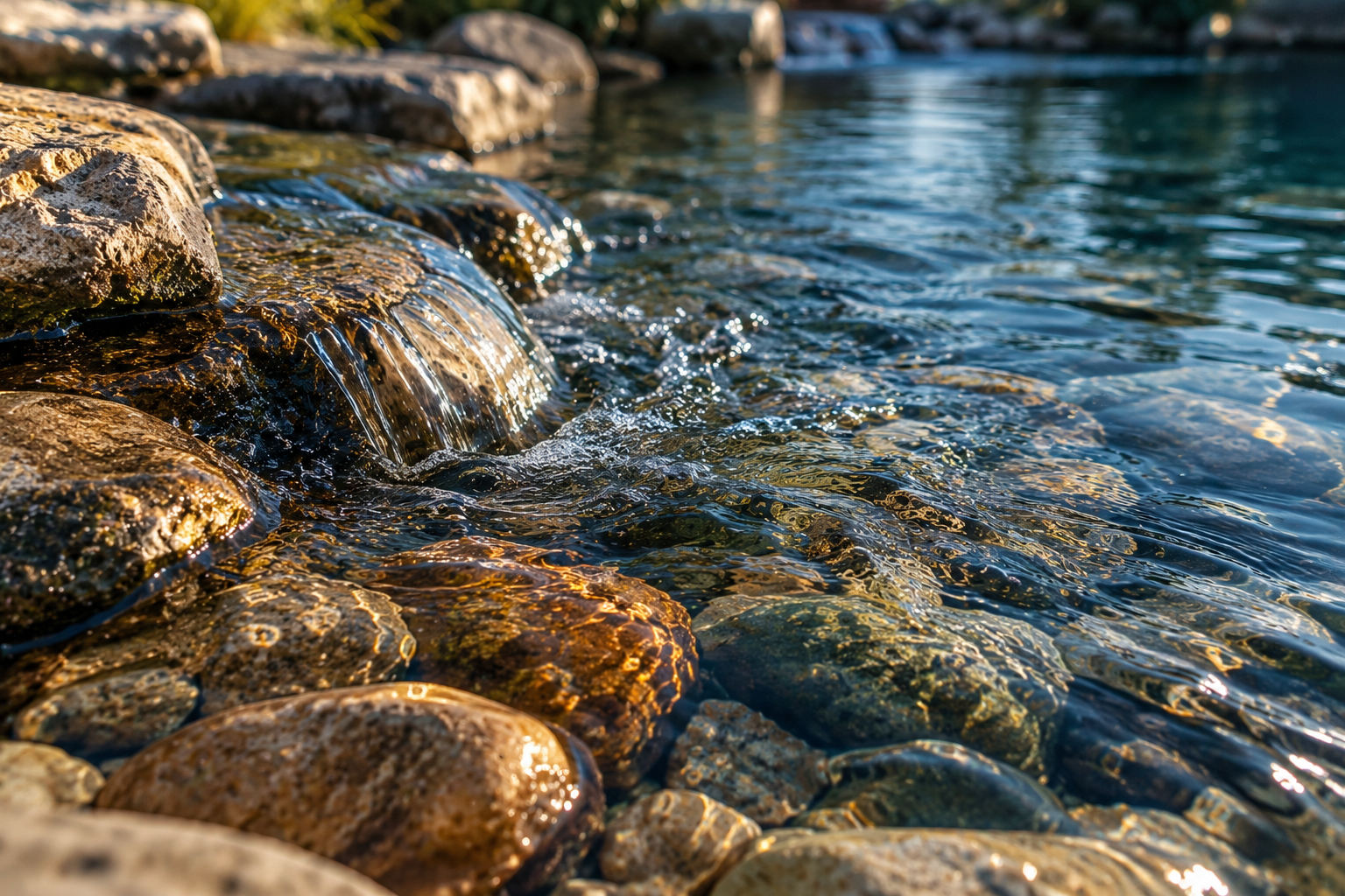 Clear water running over smooth river stone