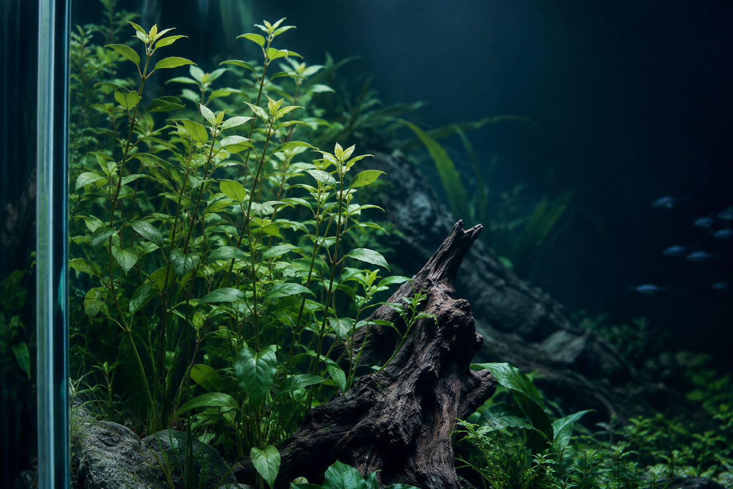 Close view of a planted freshwater aquarium with driftwood and green stem plants