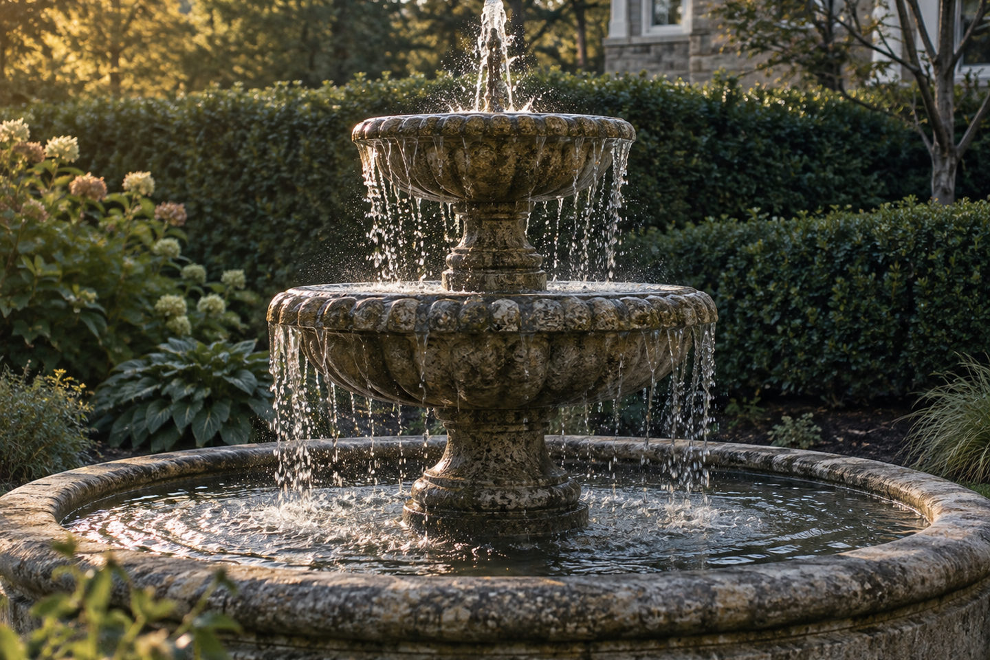 A weathered two-tier stone garden fountain running clean, even water