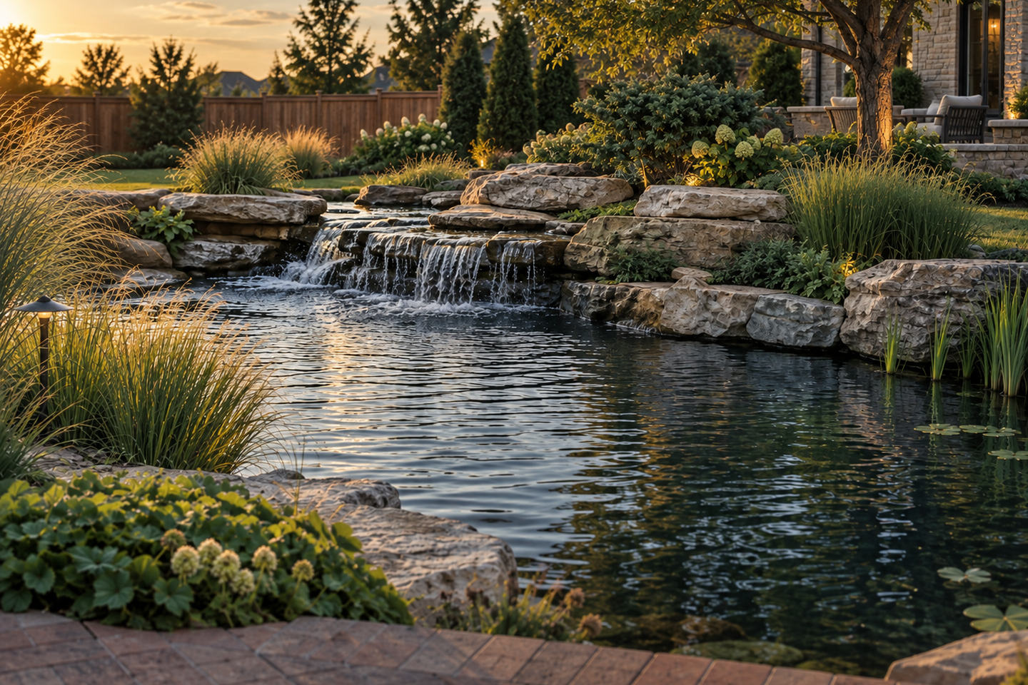 A backyard pond with a low stone waterfall, photographed at golden hour